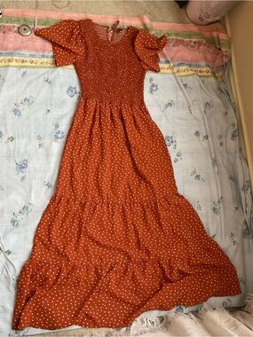 🪻Kranda Rust Polka Dot Smocked Maxi Dress